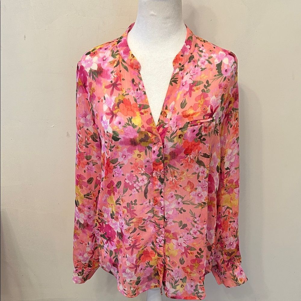 Kut from the Kloth pink floral long rollable sleeve sheer blouse Size S EUC